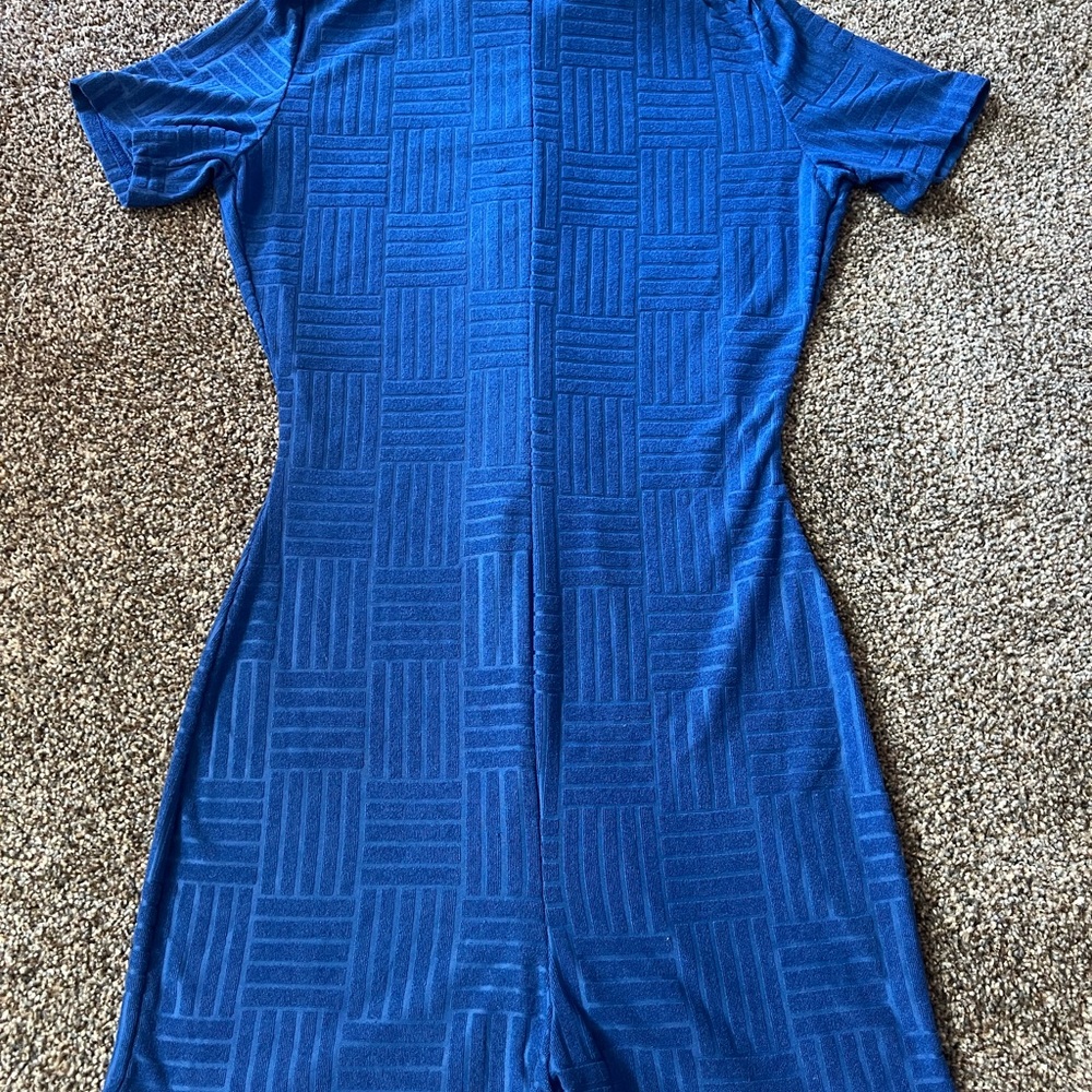 Amazon Blue Ribbed Polo Collar Jumpsuit Casual - Picture 2 of 2
